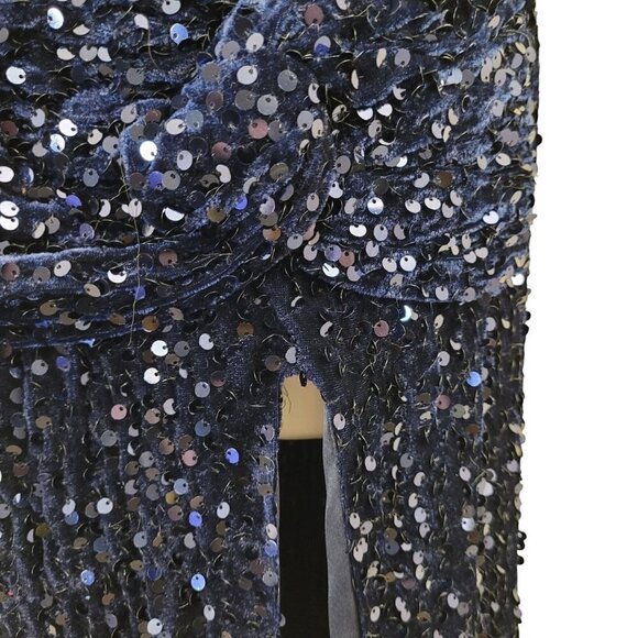 NWT Dark Navy Blue Sequin Evening Classic Sleeveless Corset Back Thigh Slit - Picture 13 of 15